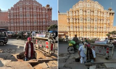 हवामहल के सामने सड़क का गड्ढा बना ‘सेल्फी प्वाइंट’, पर्यटक जान जोखिम में डालकर खिंचा रहे फोटो, वायरल तस्वीरों से मचा बवाल