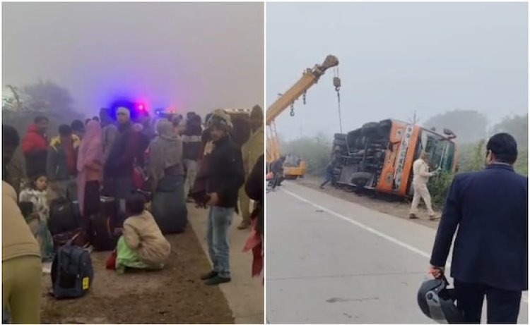 नागौर से भोपाल जा रही बस पलटी, पुलिस ने शीशे तोड़कर 35 से ज्यादा यात्रियों को बचाया