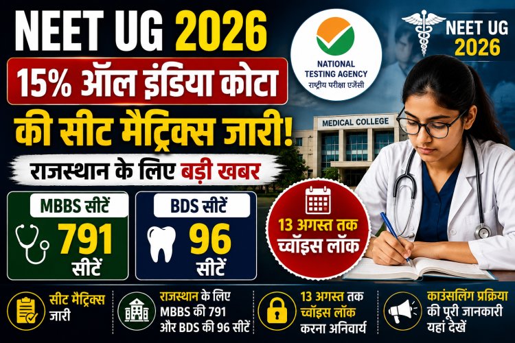 NEET UG 2026: 15% ऑल इंडिया कोटा की सीट मैट्रिक्स जारी, राजस्थान के लिए MBBS की 791 और BDS की 96 सीटें; 13 अगस्त तक च्वॉइस लॉक
